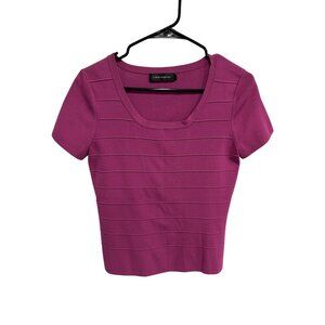 Cable & Gauge Womens Ribbed Short Sleeve Fuchsia Sweater Barbiecore Coquette